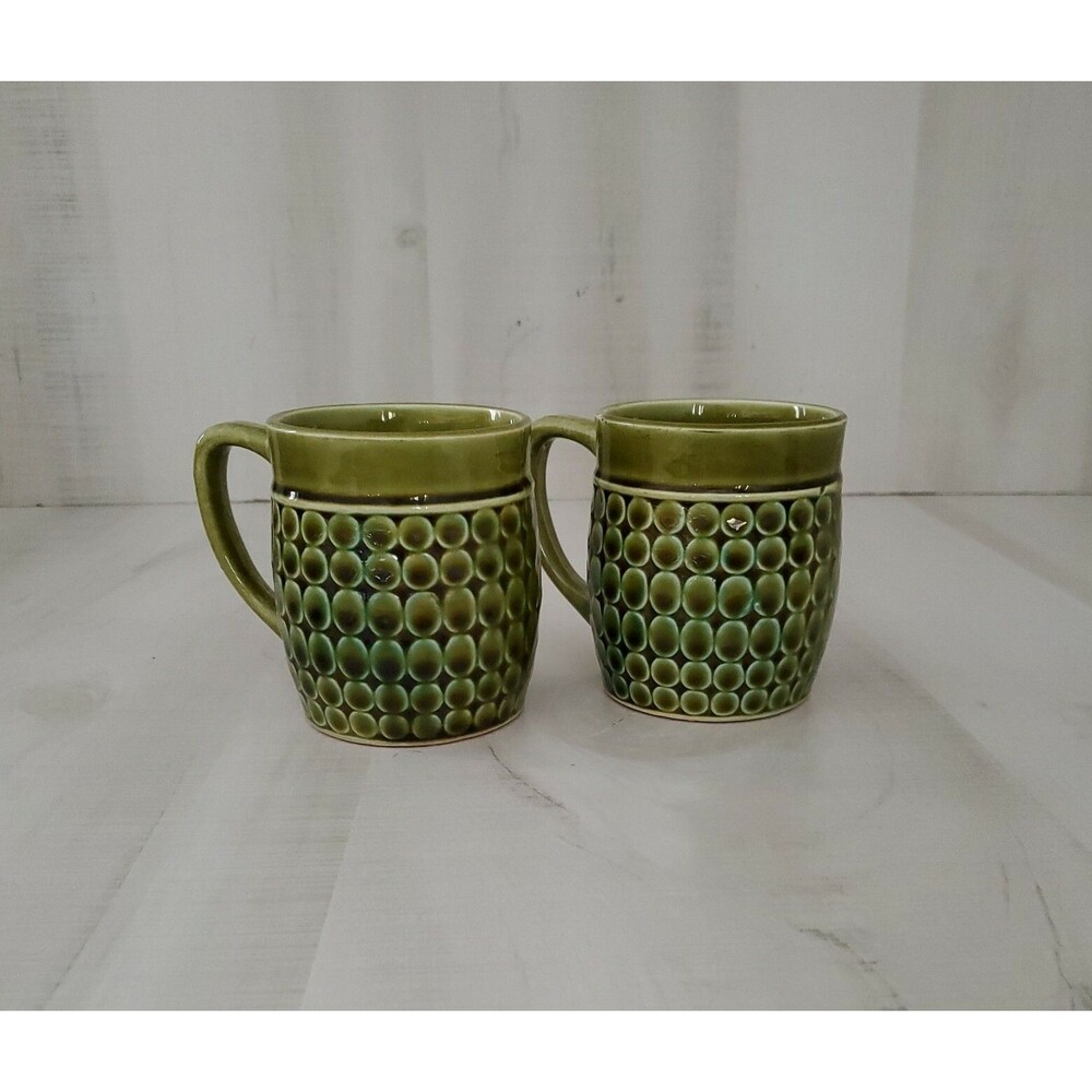 2Vintage MCM Olive Green D Handle Dot Pattern Mug Western Country Rustic Ceramic
